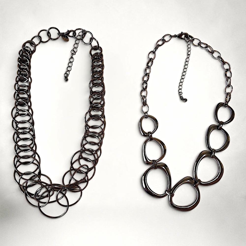 Lot of 2 Gunmetal Statement Necklaces Express Ring Collar & Geometric Links
